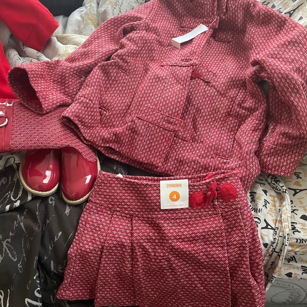 Red Patterned Jacket and Skirt Set